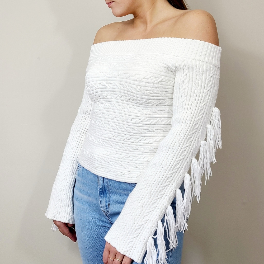 Rachel Roy Off The Shoulder Cropped Fringe Sweater